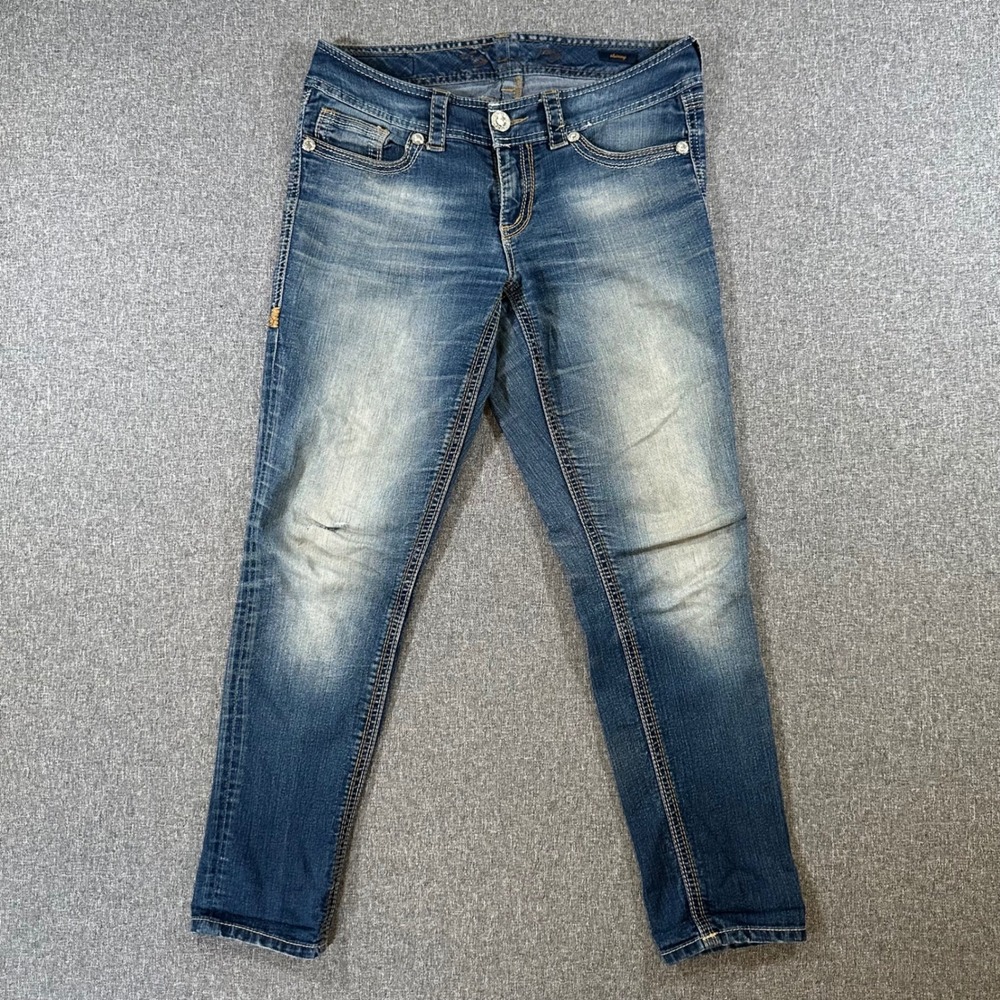 Seven7 Skinny Jeans Womens 10 Blue Denim Low Rise Y2K Embroidered Pockets 34x30